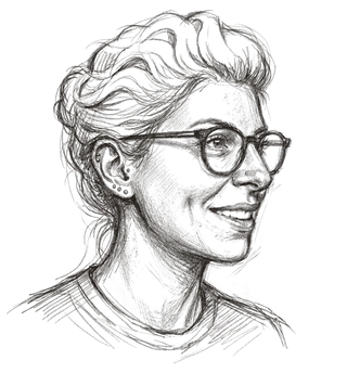 Pencil sketch portrait of Sarah, smiling